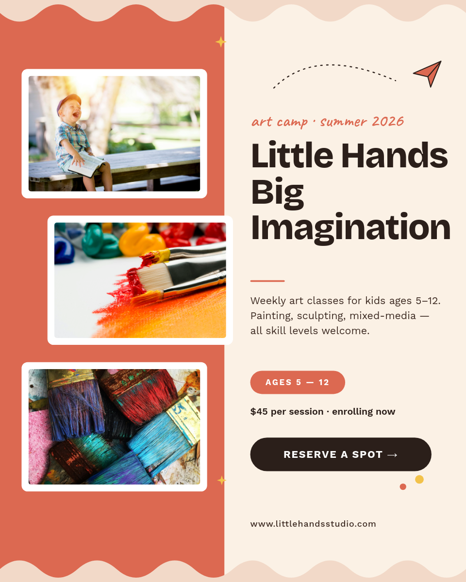 Coral Cream Kids Art Camp Enrollment Ad with 3-Photo Collage
