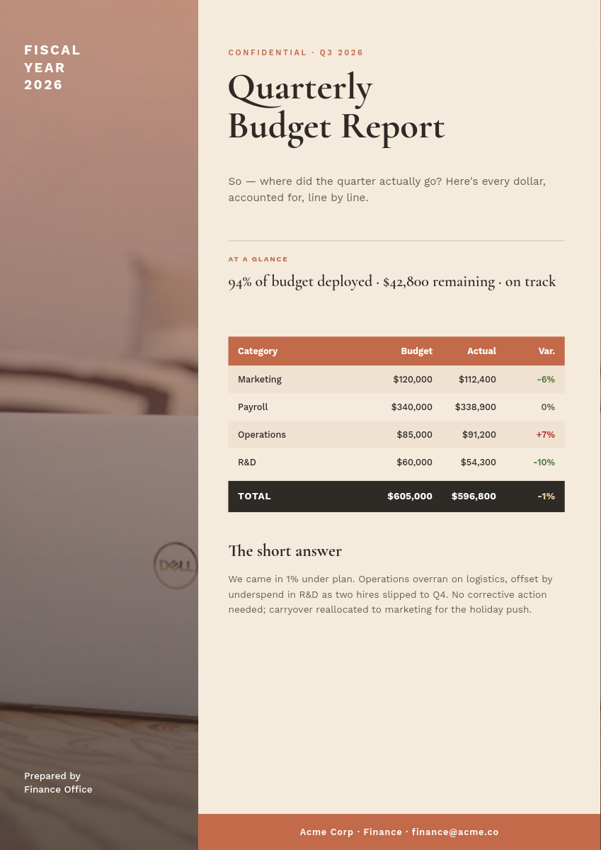 Terracotta & Cream Quarterly Budget Report Document