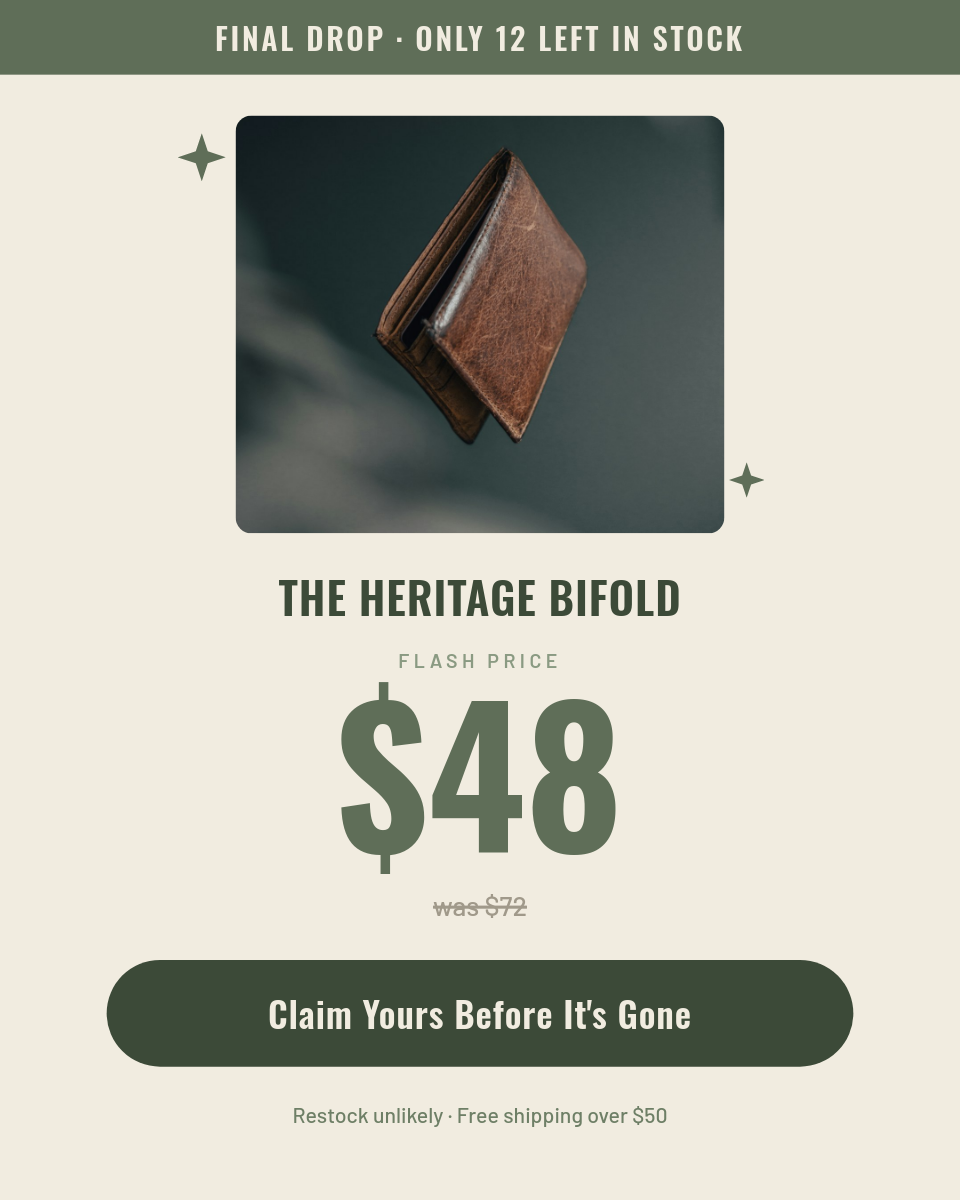 Sage Bold Commercial Leather Wallet Scarcity Ad