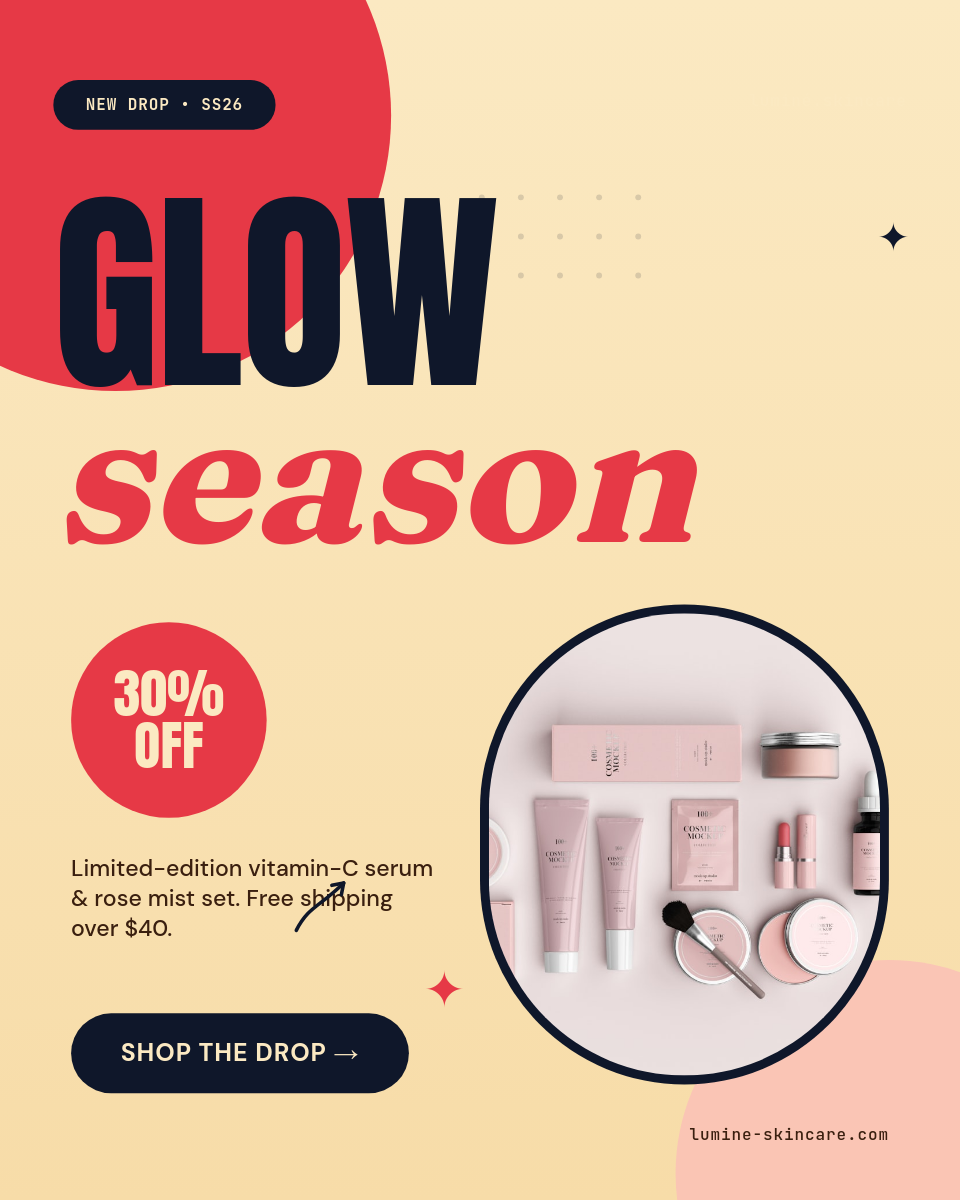 Crimson & Butter Beauty Drop Ad with Stacked Anton Headline and Skincare Photo