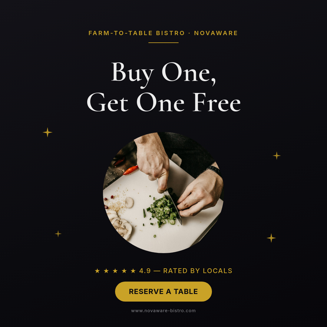 Black & Gold Bistro BOGO Ad — Cormorant Serif with Plated Hero
