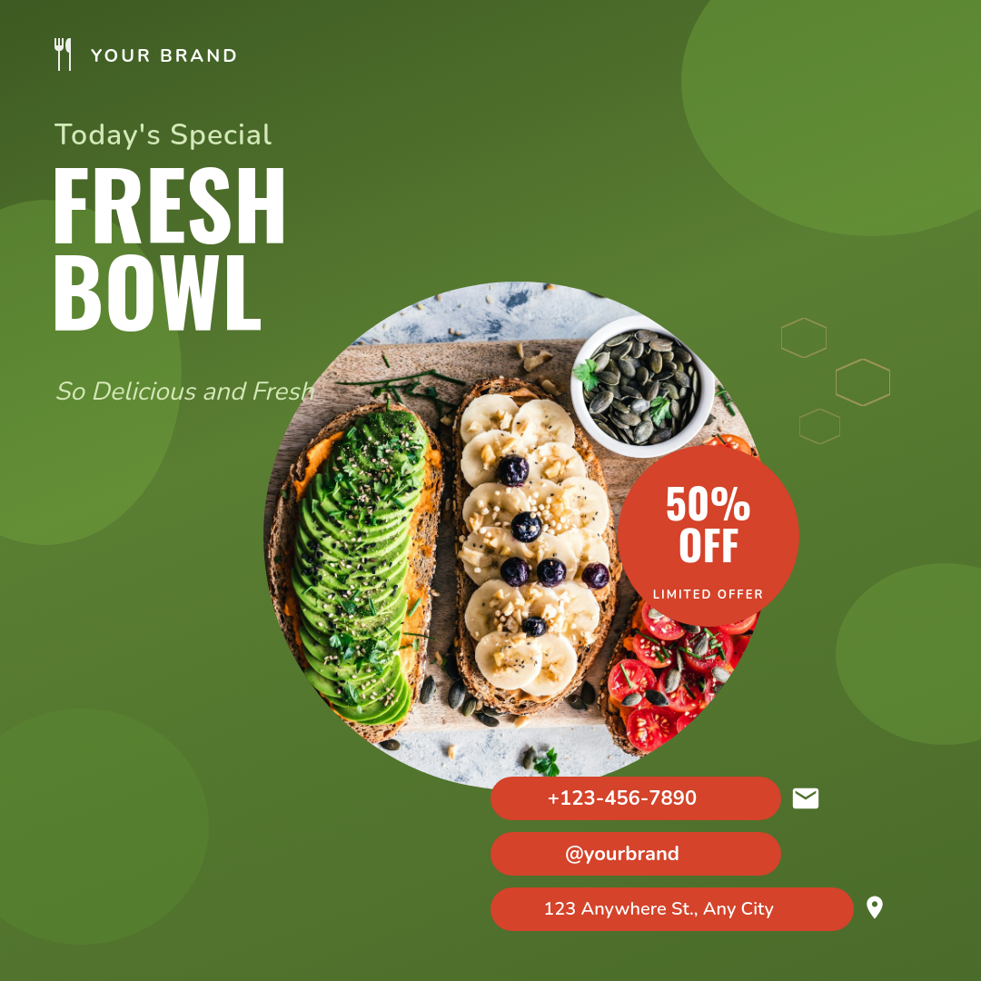 Vibrant Green Healthy Bowl Restaurant Promo with Organic Blob Shapes and Discount Badge