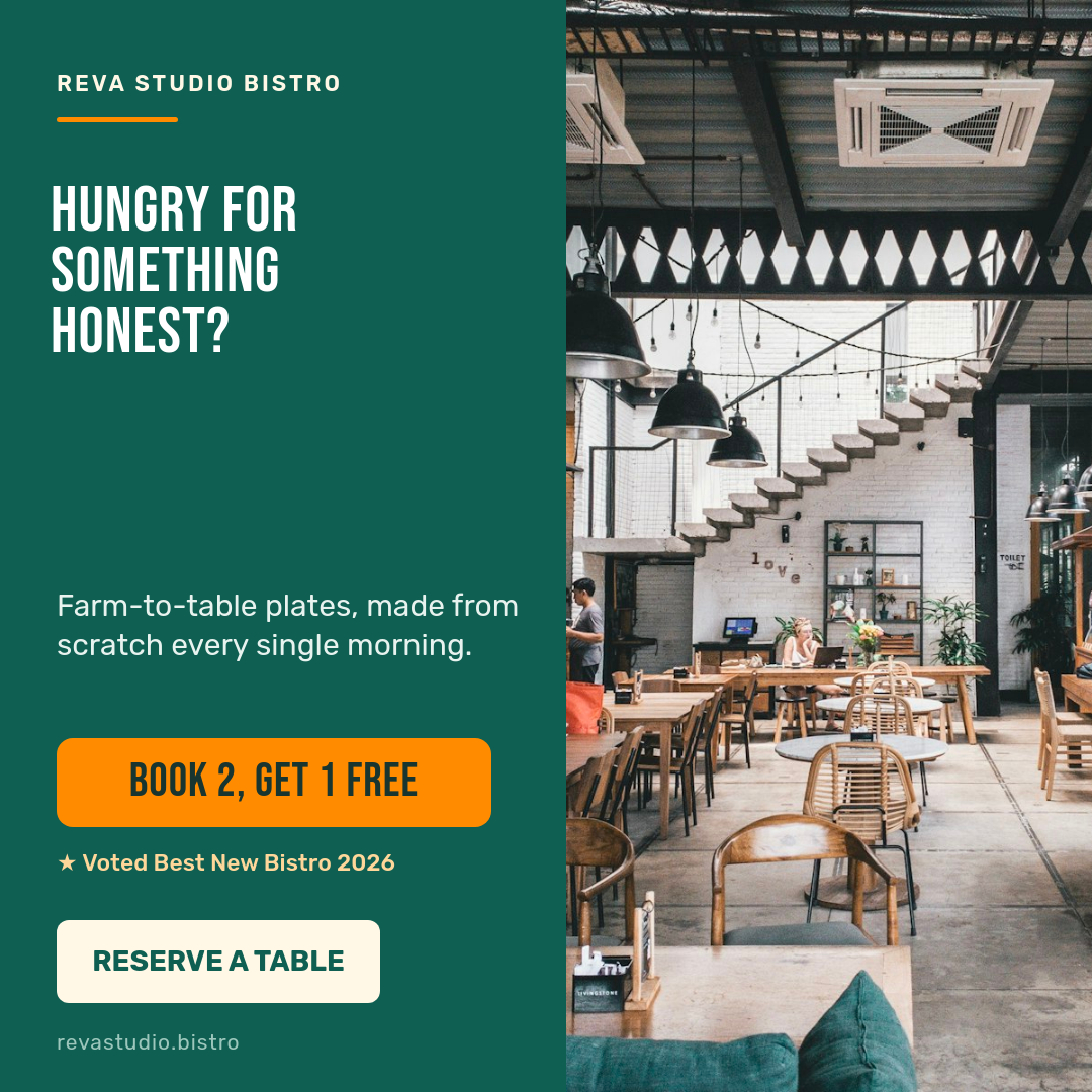 Bold Teal Bistro Ad — Bebas Question Hook with Orange Offer Pill