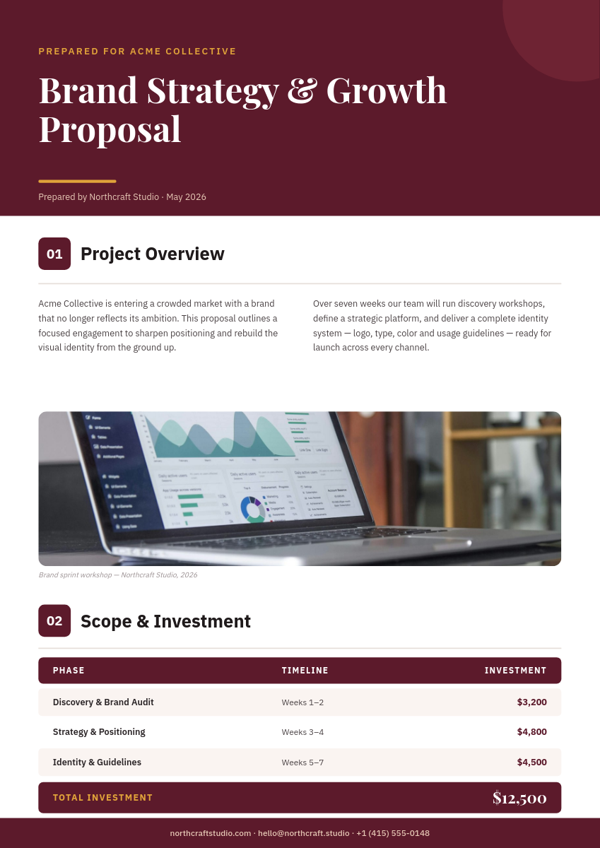 Burgundy Brand Strategy Proposal Document with Scope Table
