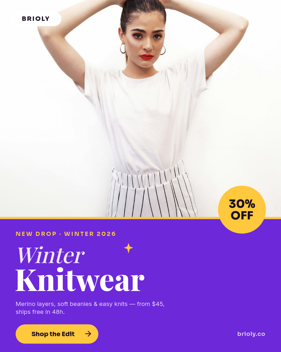 Violet & Yellow Winter Knitwear Collection Drop — Playfair Italic Headline, Model Photo Band & Sale Coin Badge