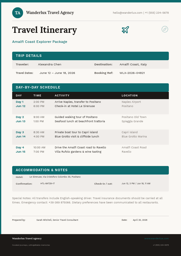 Elegant Travel Itinerary with Day-by-Day Schedule