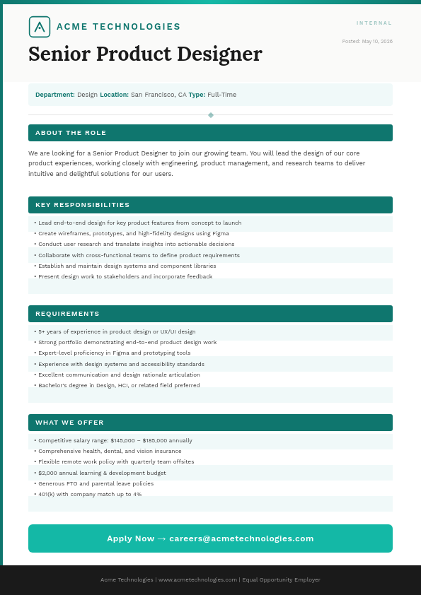 Clean Editorial Job Description with Teal Section Headers and Structured Layout