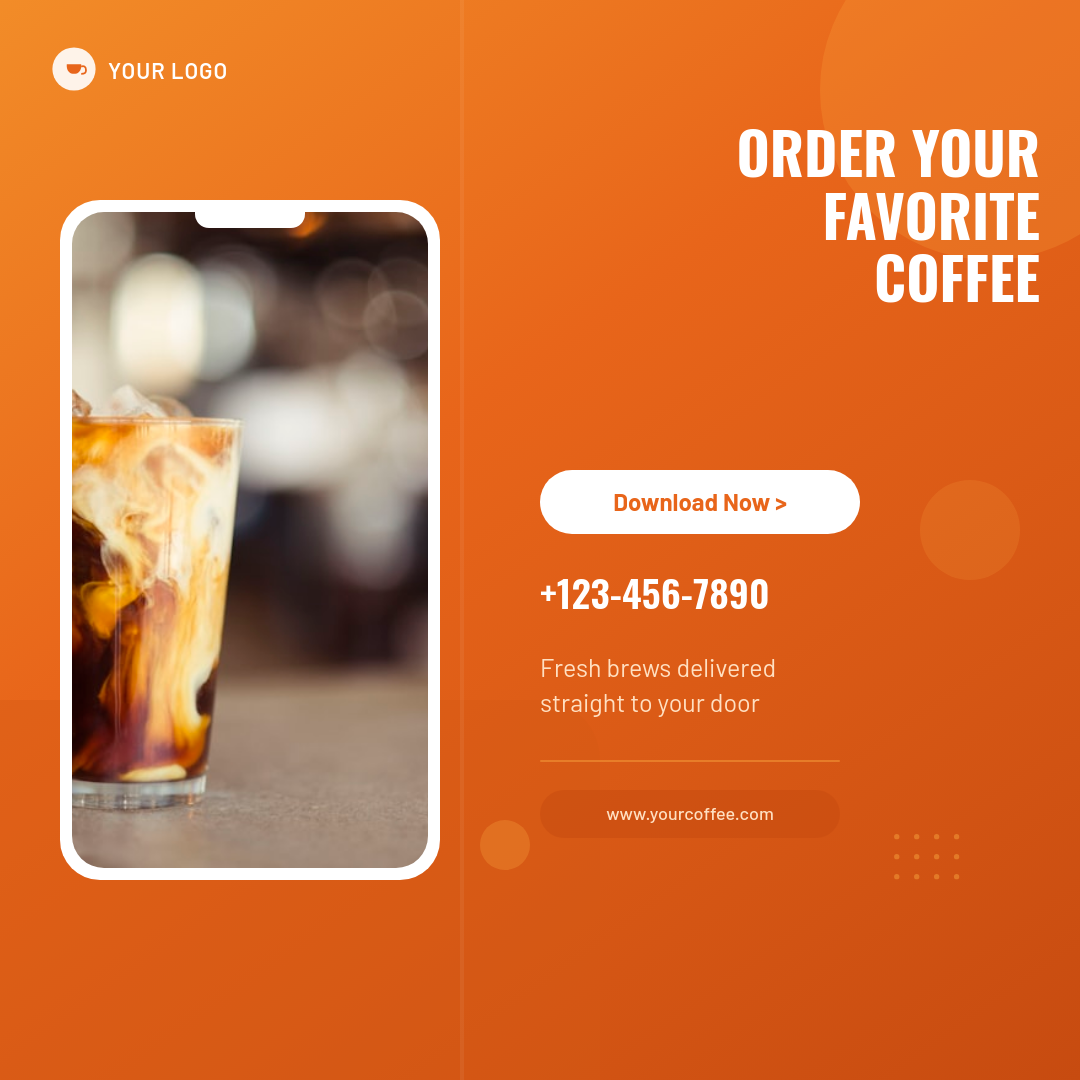 Bold Orange Coffee App Delivery Promo with Phone Mockup and Download CTA