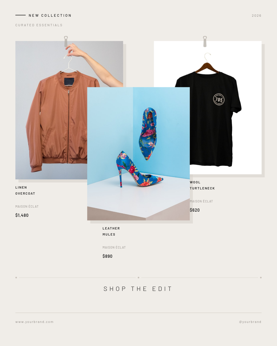 Minimal Editorial Product Grid with Angled Photos and Price Labels