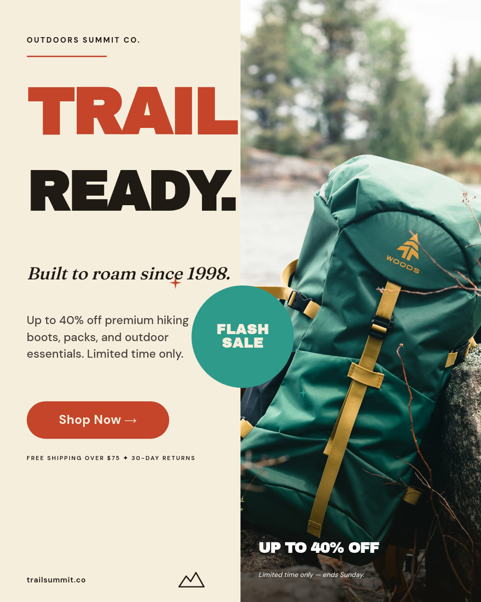 Cream and Rust Trail Ready Outdoor Adventure Hiking Gear Flash Sale Instagram 4:5 Ad with Archivo Black Display Headline, Fraunces Italic Accent, Teal Flash Sale Circle Badge, Hero Boot Photo and Rust CTA Pill