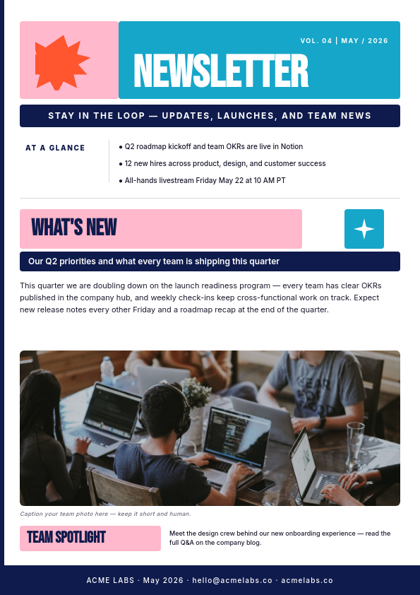 Vibrant Color Block Company Newsletter with Bebas Neue Masthead, Pink Section Bars and Team Photo