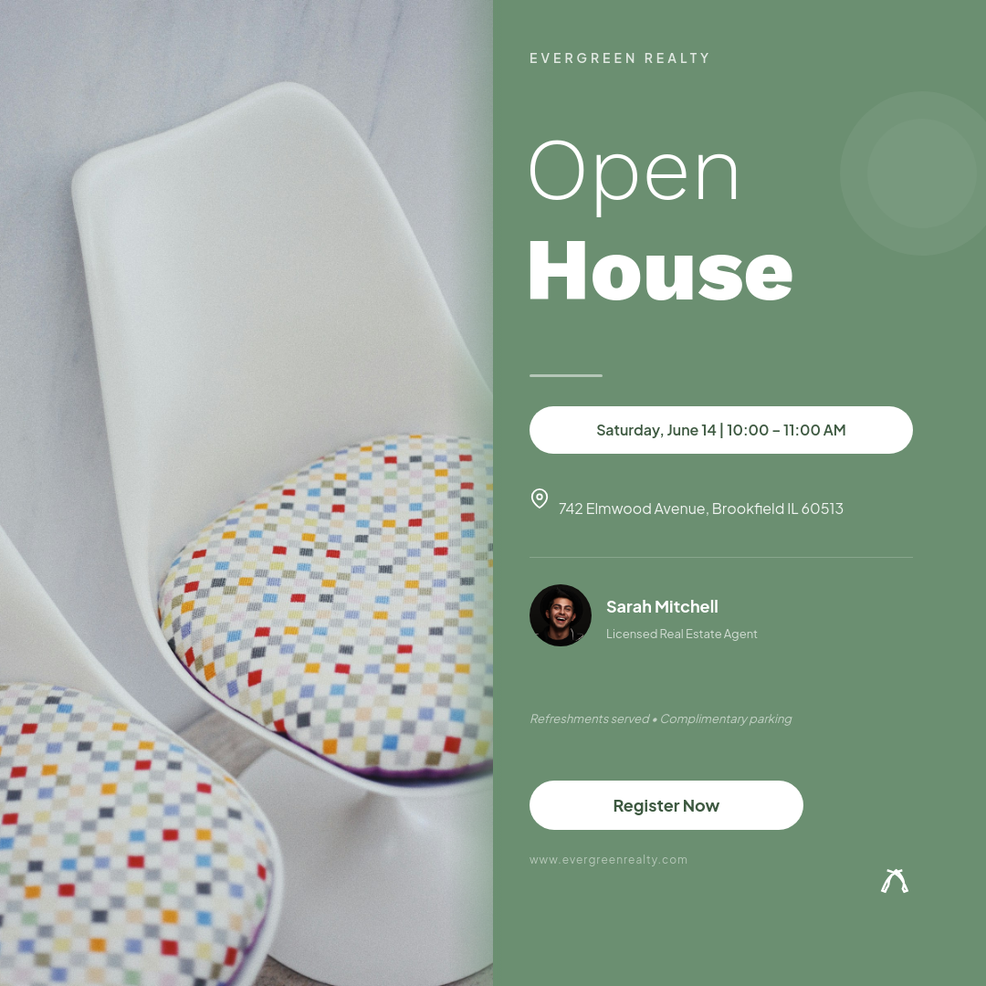Sage Green Split Layout Open House with Interior Photo and Date Pill
