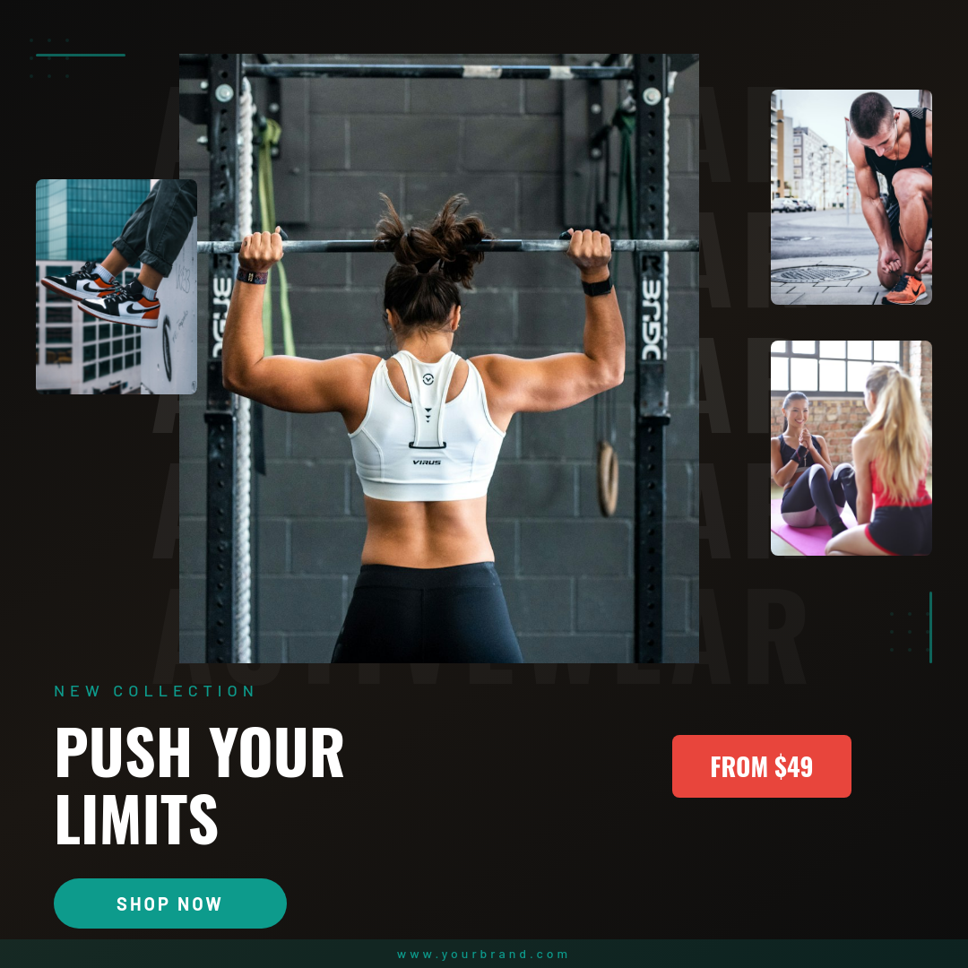 Dark Bold Sportswear Collection Ad with Repeated Faded Typography and Teal Accents