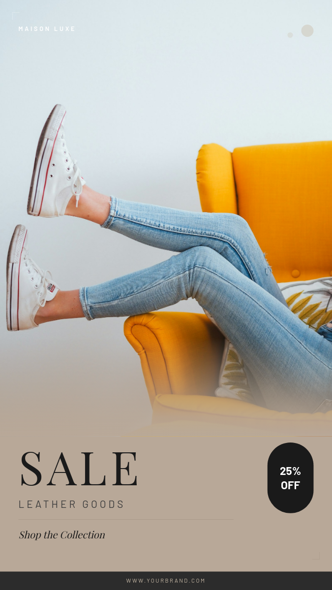 Warm Neutral Fashion Accessory Sale with Bold Serif Headline and Vertical Discount Badge