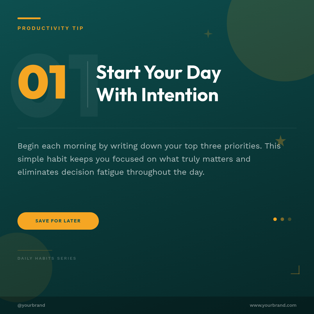 Bold Teal Productivity Tip Card with Oversized Number and Geometric Accent Shapes