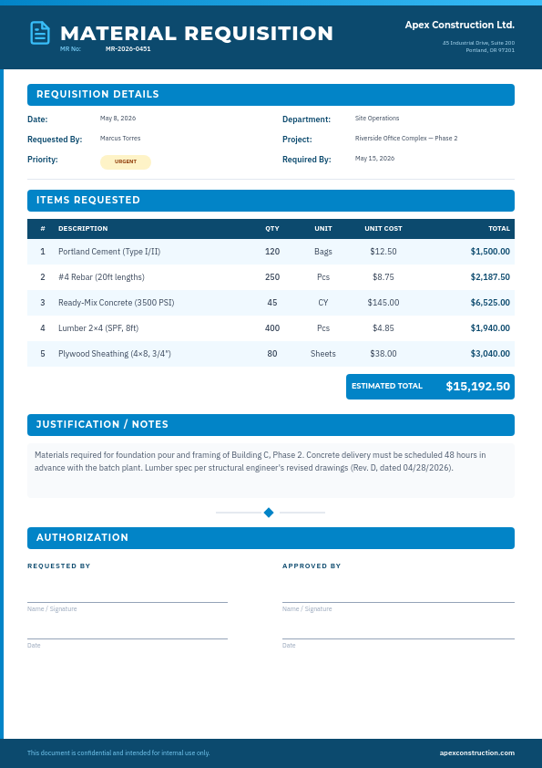 Clean Sky Blue Material Requisition Form with Structured Item Table and Approval Section
