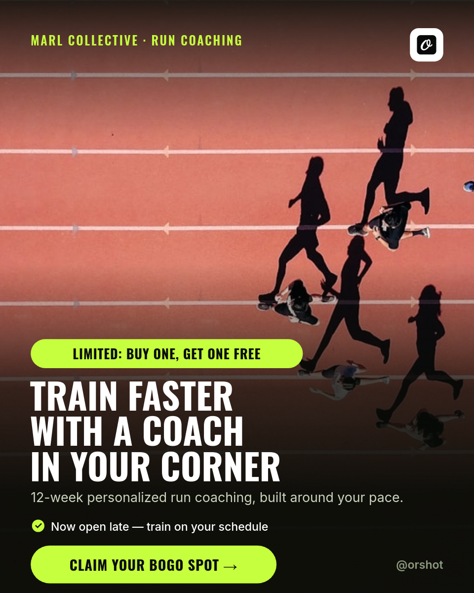 Dark Athletic Run-Coaching Ad — Oswald Condensed Caps, Aerial Track Photo & Lime BOGO Offer