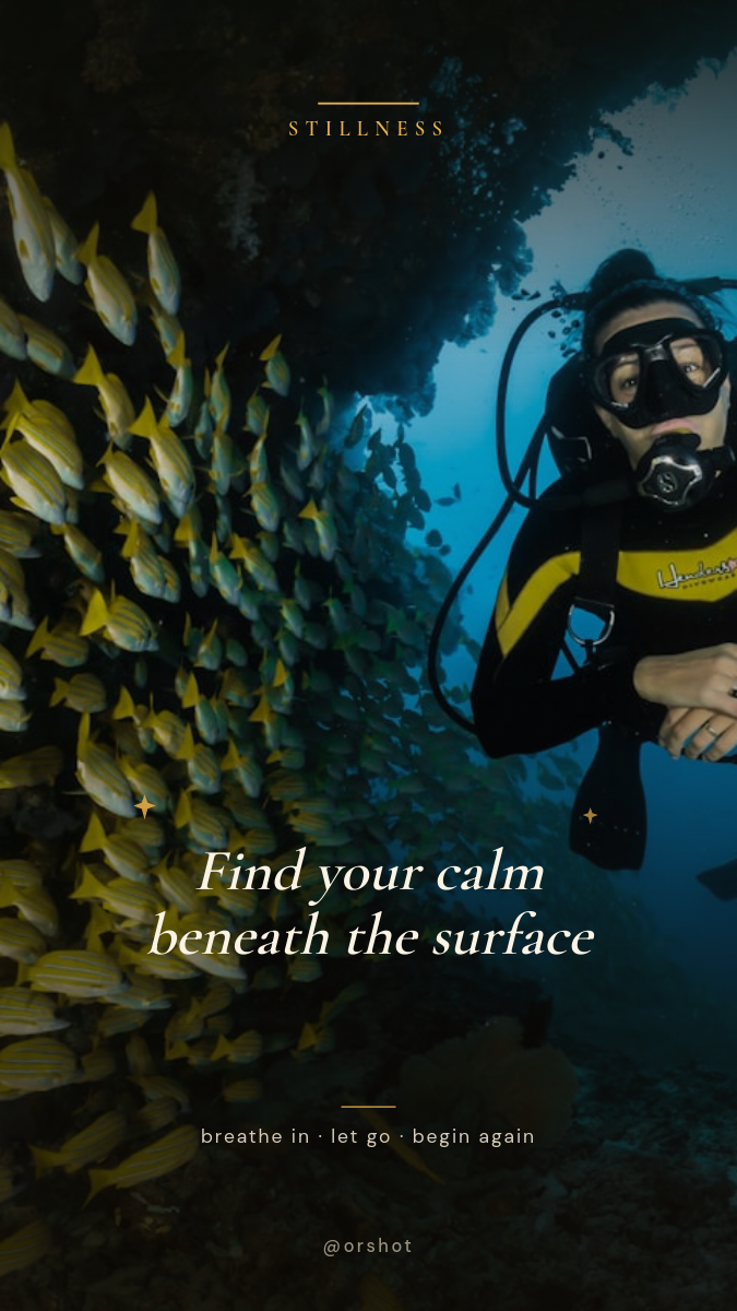 Underwater Calm Affirmation Story — Gold Serif Quote on Full-Bleed Photo
