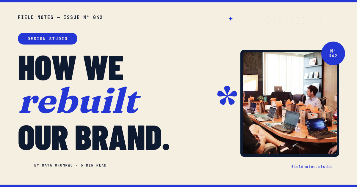 Bold Cream & Cobalt Editorial Blog OG Card with Giant Condensed Headline + Framed Photo