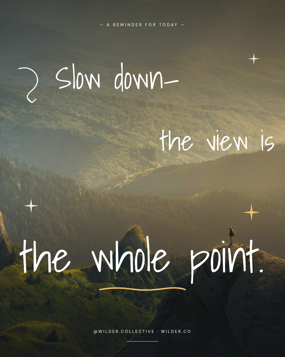 Photo-Forward Mountain Vista Slow Down Inspirational Quote Instagram Post 4:5 with Shadows Into Light Handwritten Headline in Three Zones, Curved Arrow SVG and Scattered Sparkle Star Accents