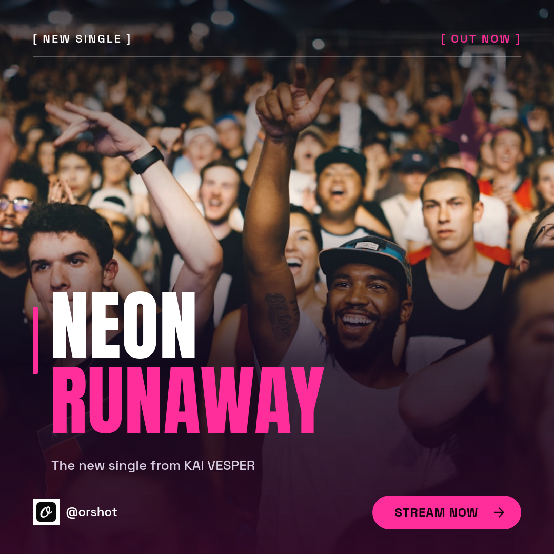 Dark Neon Single-Release Card — Anton Caps Title, Magenta Accent & Concert Photo