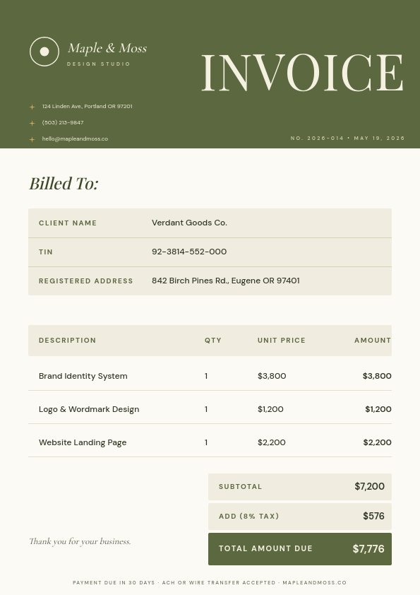 Olive Editorial Design Studio A4 Invoice with Cormorant Aperture Wordmark, Tall Serif INVOICE Header and Cream Alternating Table Rows