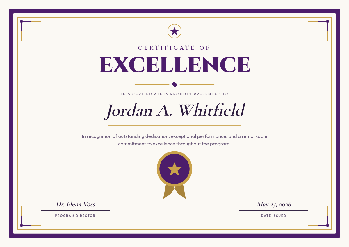 Royal Purple & Gold Certificate of Excellence with Medallion Seal