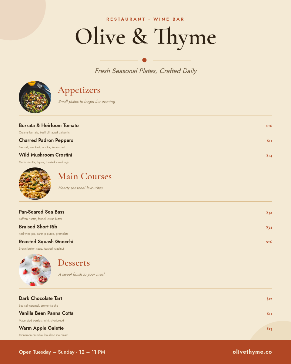 Warm Cream Restaurant Menu Card with Circular Food Photos
