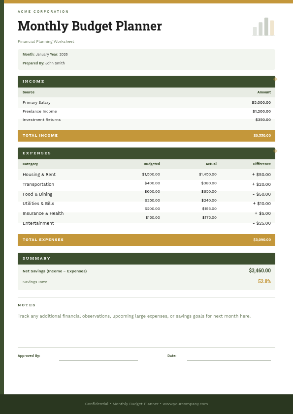 Monthly Budget Planner with Income and Expense Tables