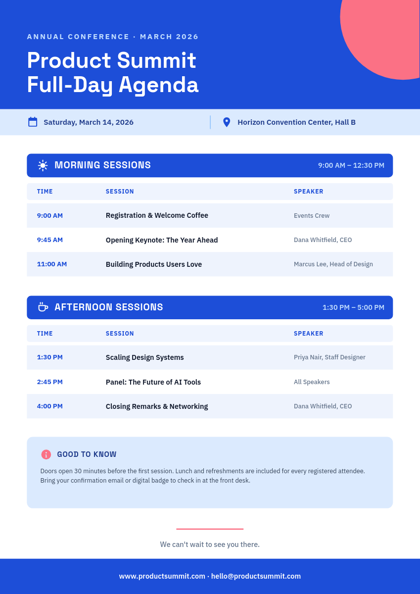 Cobalt Blue Conference Agenda with Session Timetable