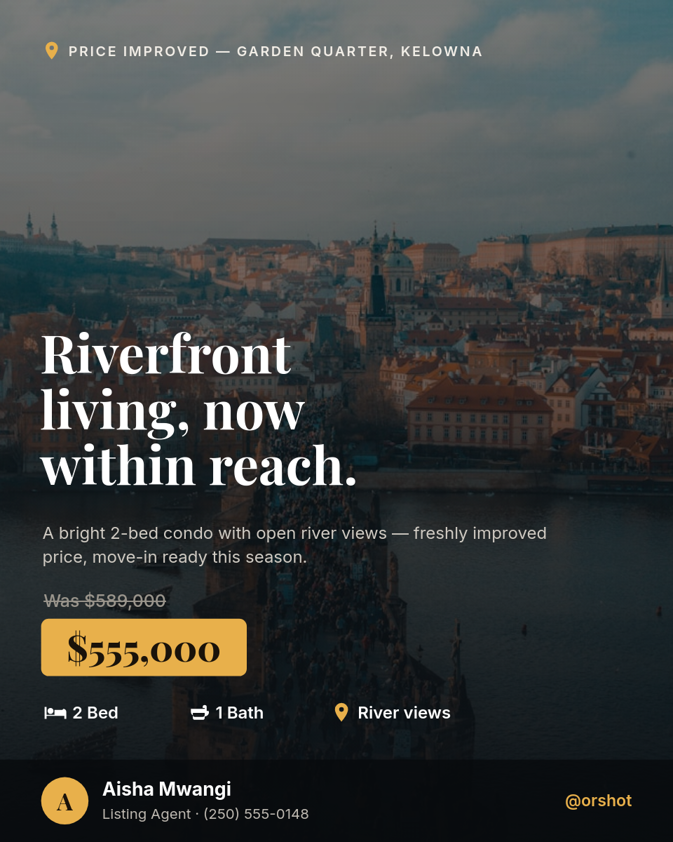 Dark Moody Editorial Real-Estate Listing — Playfair Serif, Gold Price Coin & Agent Footer