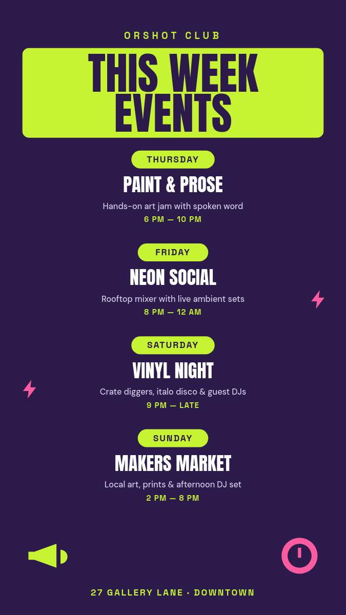 Indigo & Lime This Week Events Poster Story