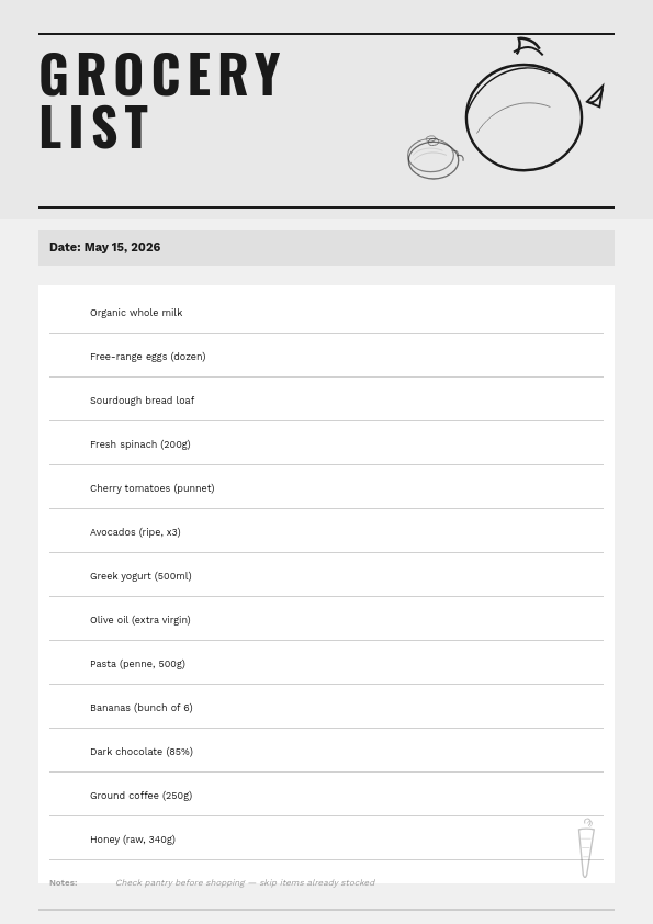 Clean Monochrome Grocery Shopping List with Hand-Drawn Illustrations