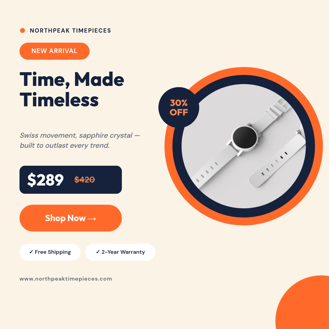 Vibrant Orange & Navy Watch Product Ad with Circle Frame