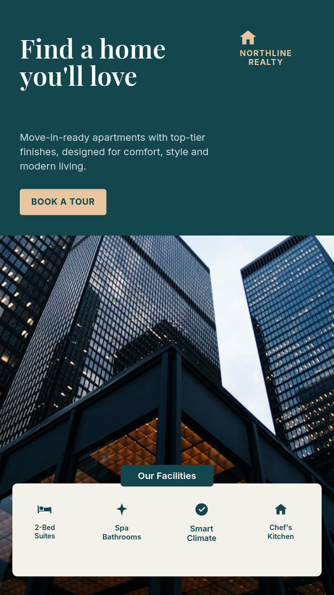 Teal Real-Estate Apartment Story — Headline Panel, Building Photo & Facilities Row