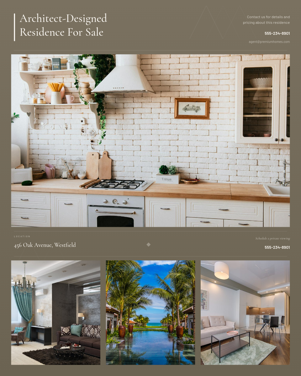 Warm Olive Multi-Photo Property Listing with Serif Headline and Gallery Grid