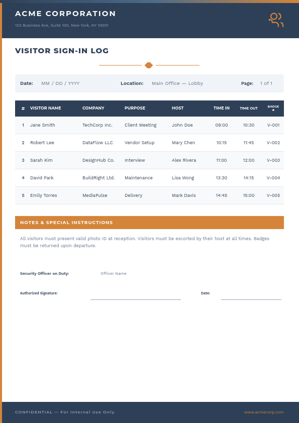 Professional Visitor Sign-In Log with Slate Blue Headers