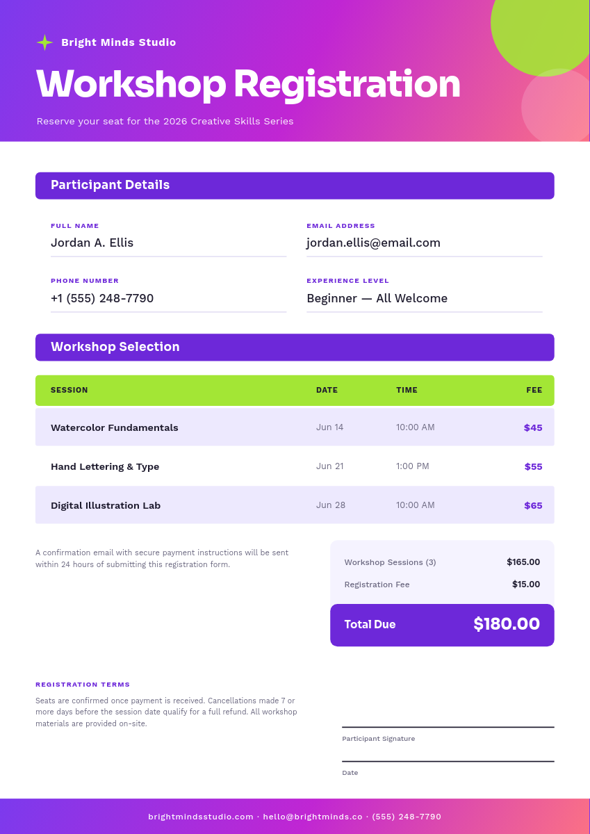 Vibrant Violet & Lime Workshop Registration Form Document