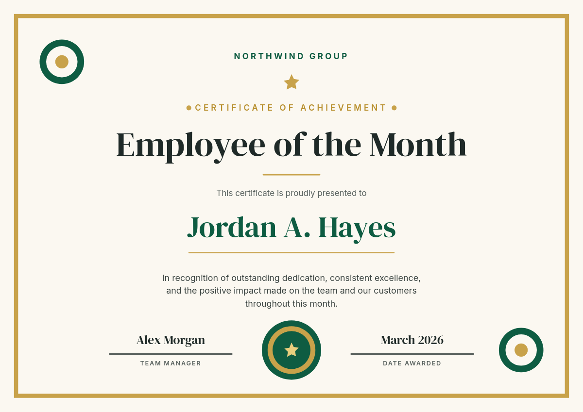 Employee of the Month Certificate with Emerald and Gold Frame