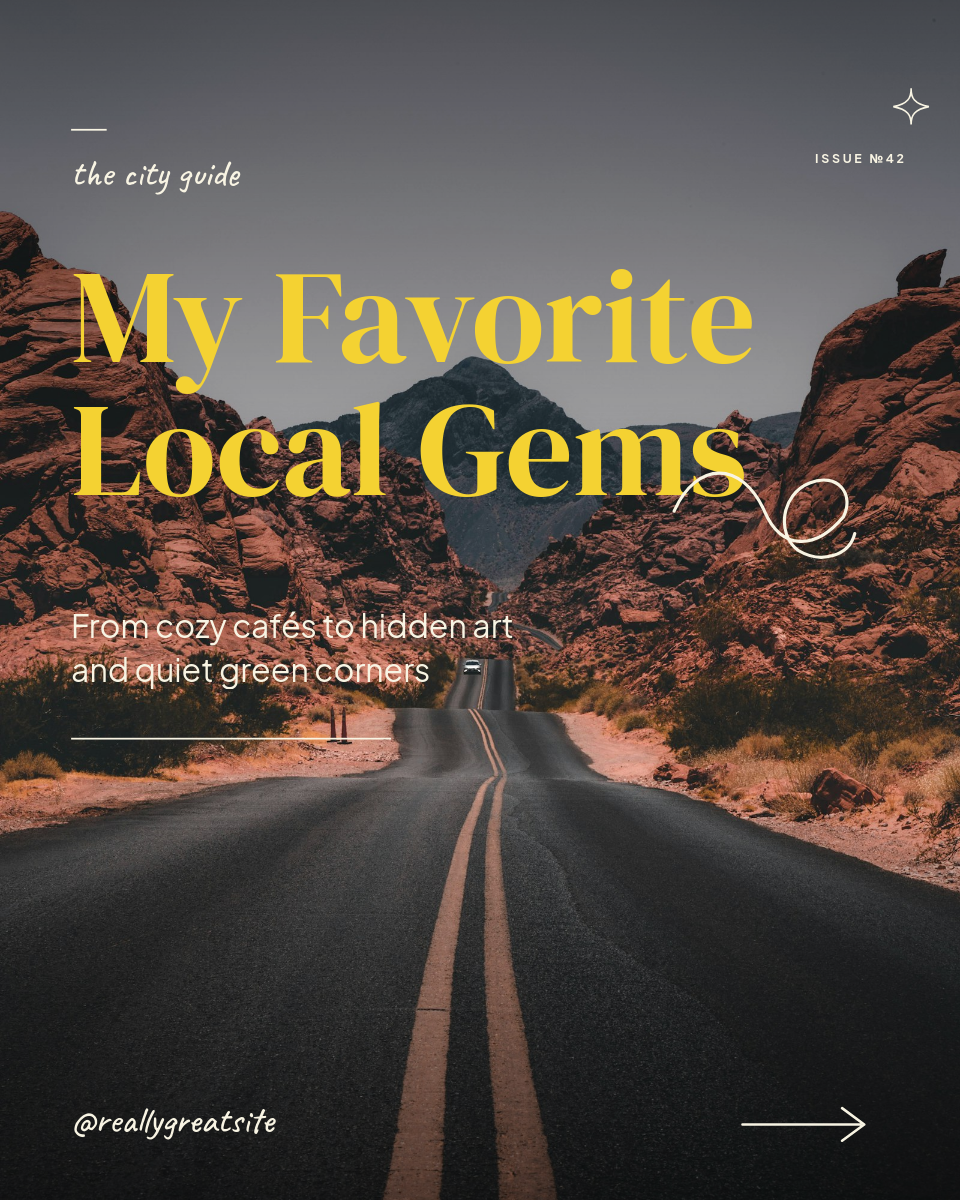 Forest Green Photo-Forward My Favorite Local Gems City Guide Instagram Post 4:5 with Caveat Handwritten Kicker, Bold DM Serif Display Canary Yellow Headline and Hand-Drawn Squiggle Accent