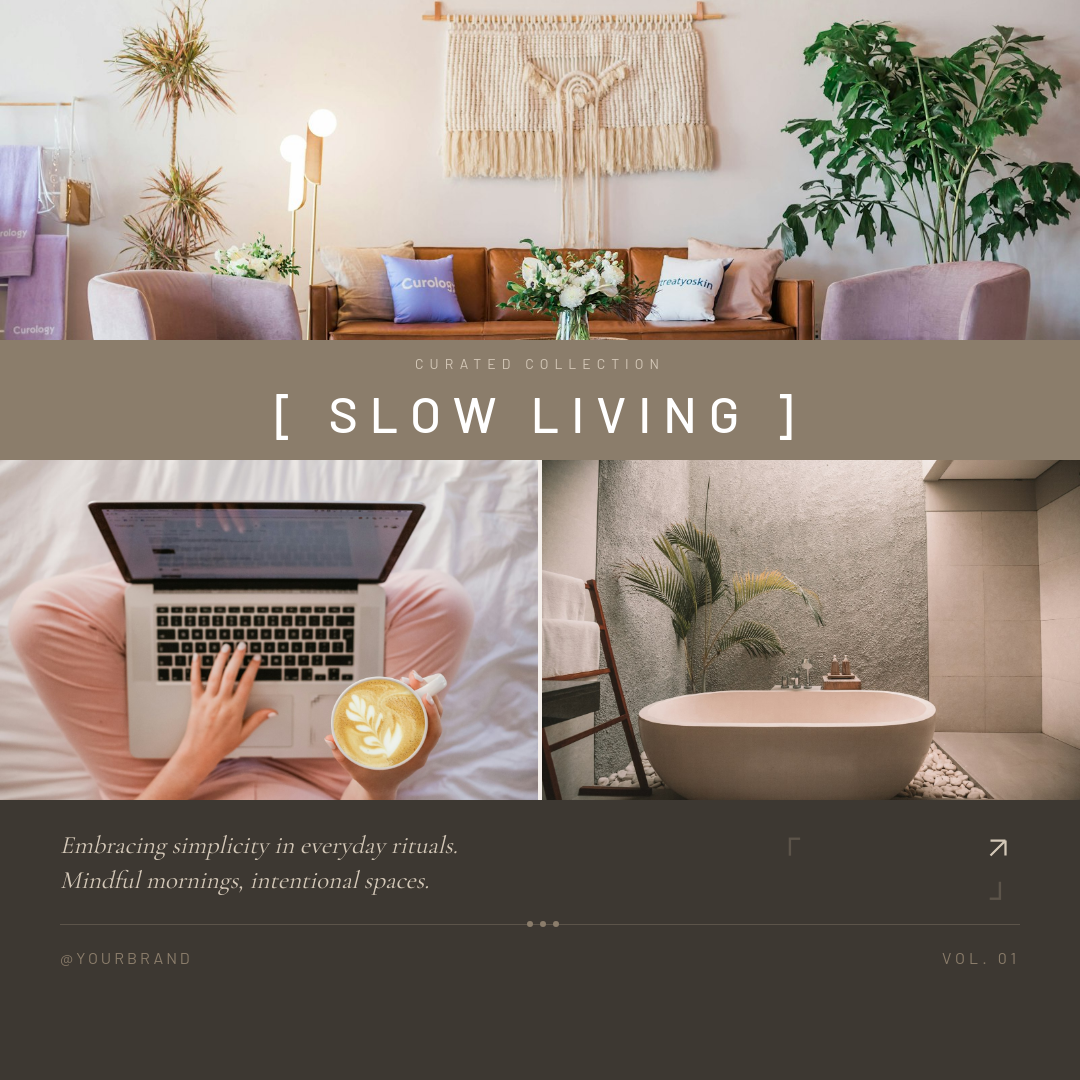 Editorial Photo Strip Lifestyle Post with Tracked Typography and Earth-Tone Text Band