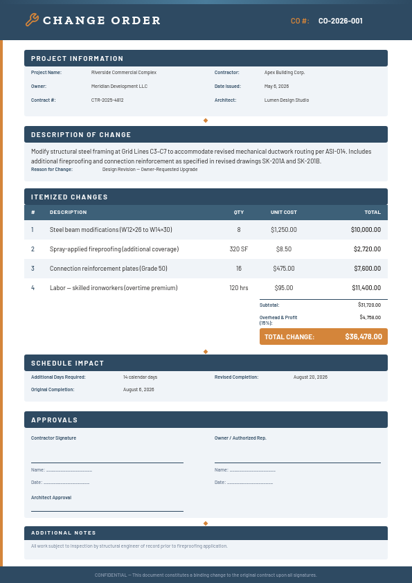 Professional Construction Change Order with Steel Blue Headers