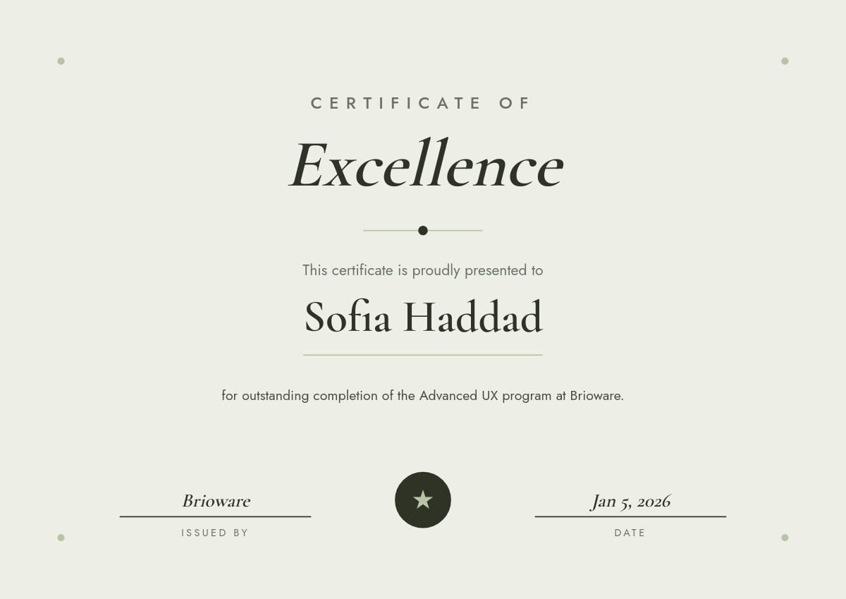 Elegant Sage Certificate of Excellence — Serif Title with Center Seal