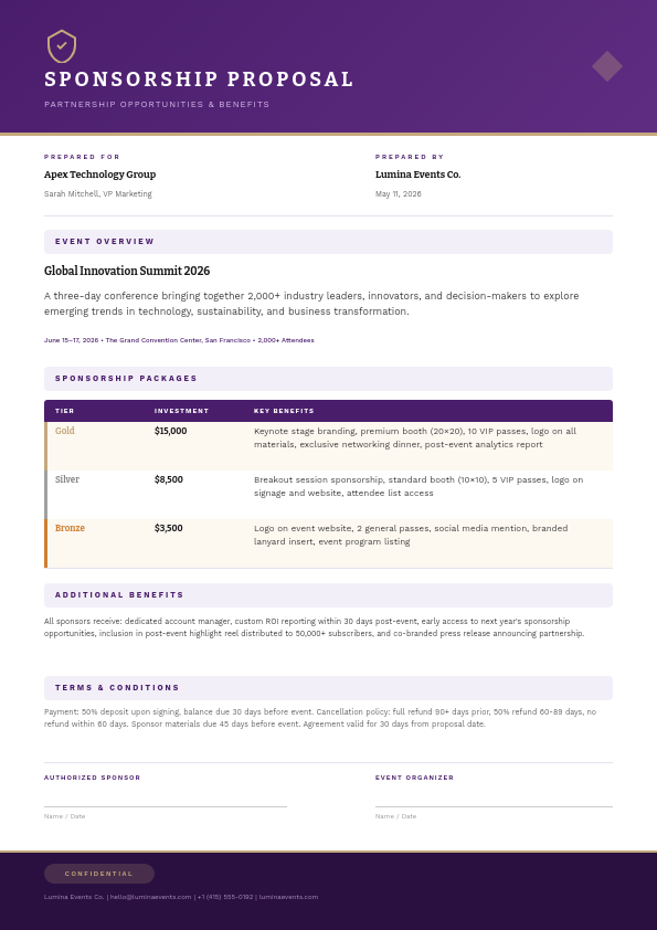 Elegant Plum Conference Sponsorship Proposal with Package Tiers Table and Gold Accents
