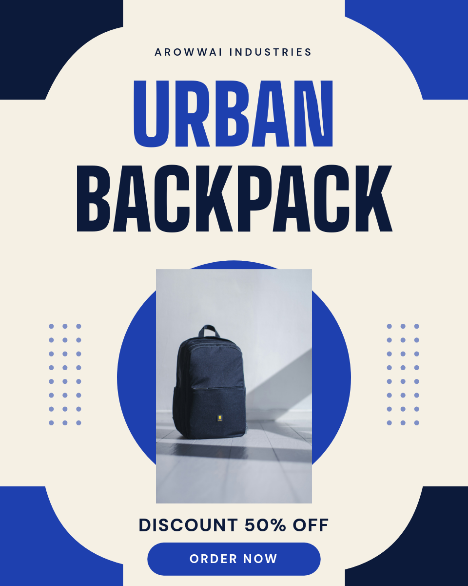 Cream and Cobalt Urban Backpack Limited Drop Instagram Product Ad with Big Shoulders Display Stacked Headline and Torn Corner Frames