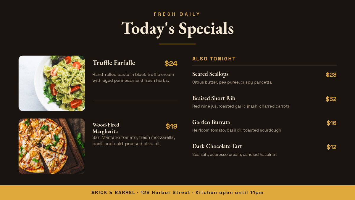 Dark & Amber Restaurant Daily Specials Digital Menu Board