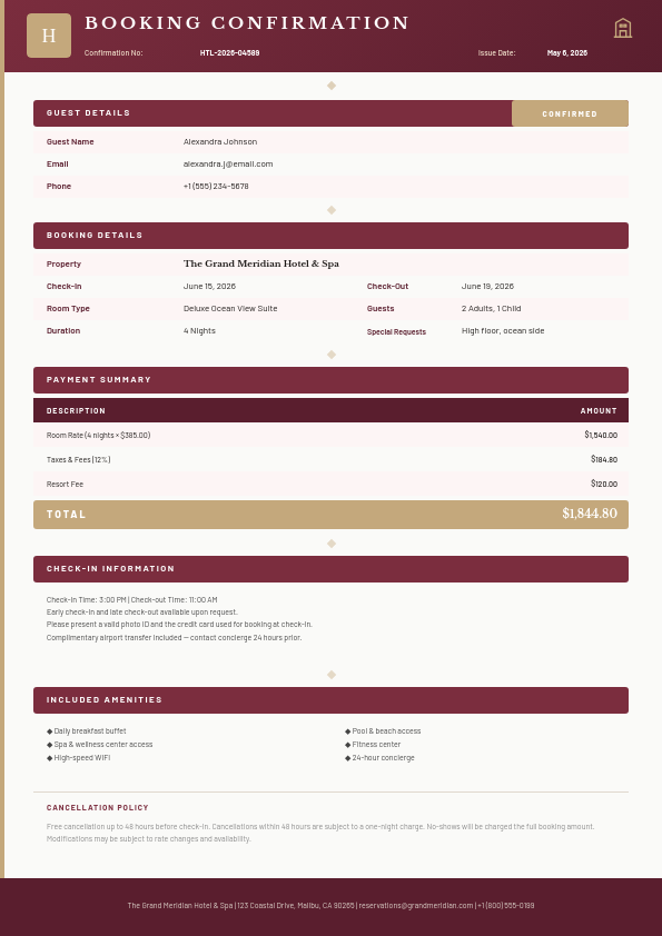 Elegant Hotel Booking Confirmation with Burgundy Headers
