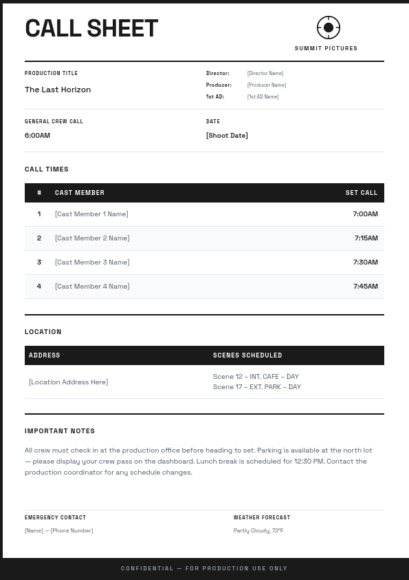 Professional Film Production Call Sheet with Cast Times and Location Tables