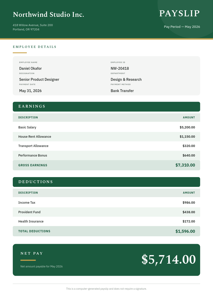 Forest Green Employee Payslip with Earnings & Deductions