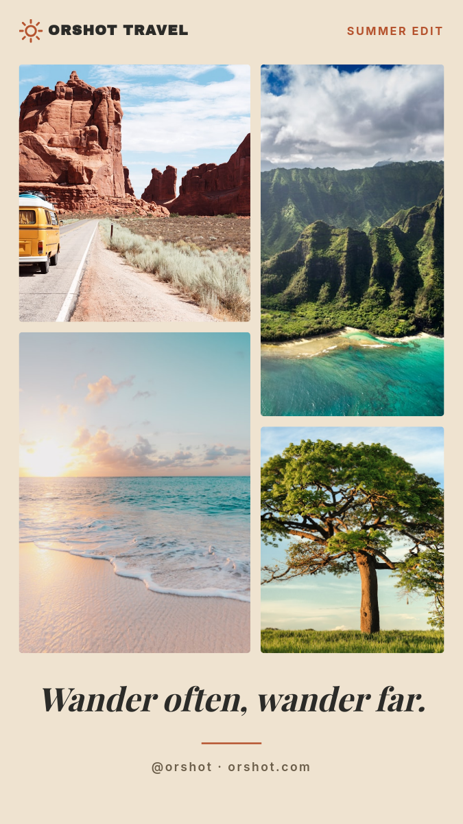 Summer Travel Collage Story — four-photo mosaic on sand